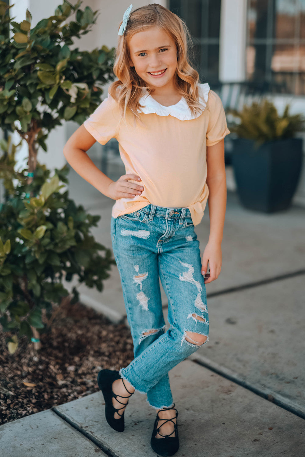 Girls Contrast Peter Pan Collar Short Sleeve Top - PRAYANS