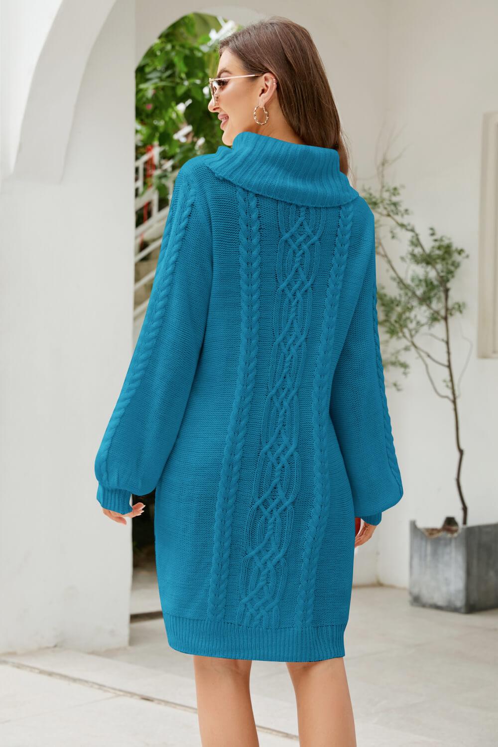 Mixed Knit Turtleneck Lantern Sleeve Sweater Dress - PRAYANS