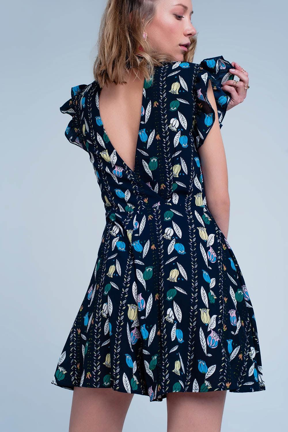 Navy Flower Printed Jumpsuit - PRAYANS