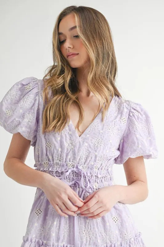 MABLE Eyelet Lace Puff Sleeve V Neck Midi Dress.