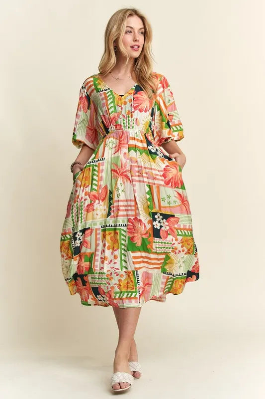 ADORA Floral V-Neck Puff Sleeve Midi Dress.