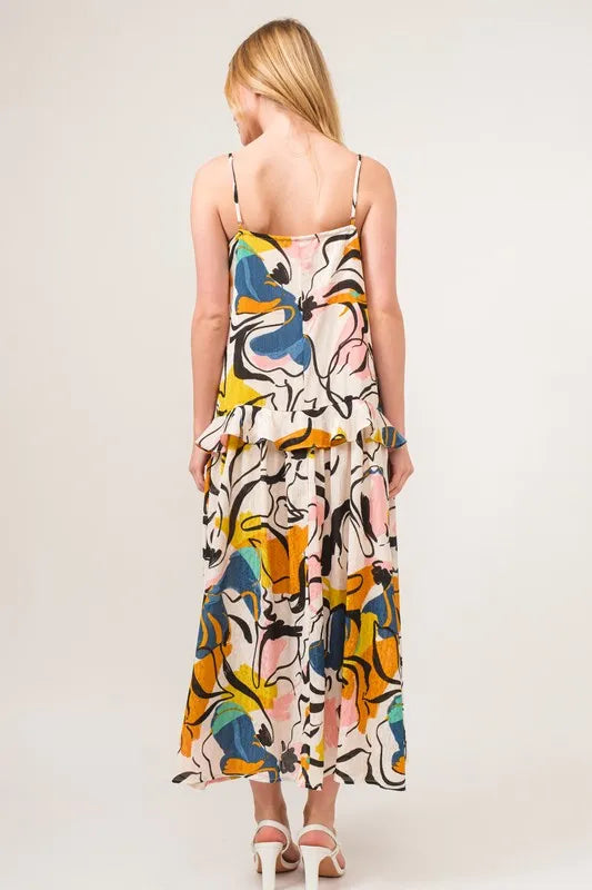 And The Why Ruffled Abstract Floral Printed Midi Cami Dress.