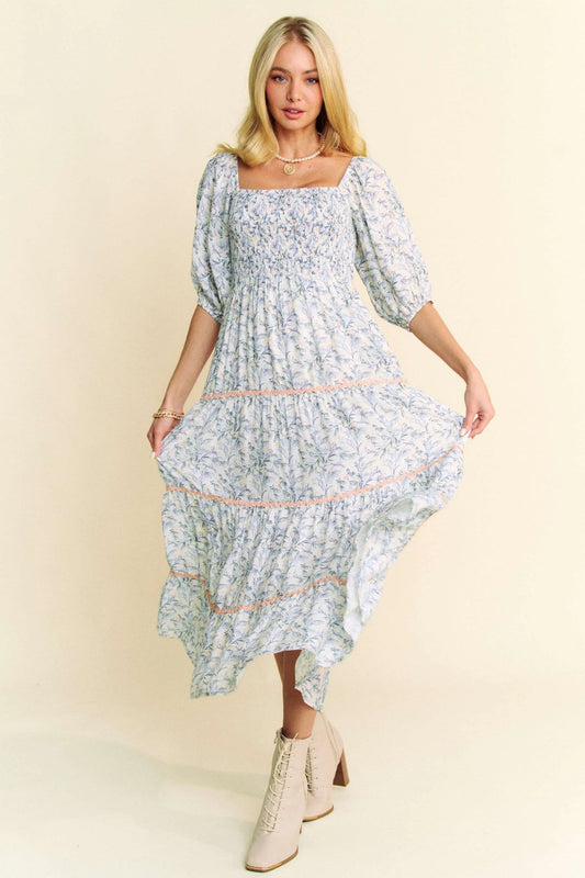 Davi & Dani Contrast Ric Smocking Bodice Tiered Midi Dress.