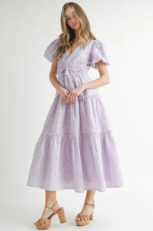 MABLE Eyelet Lace Puff Sleeve V Neck Midi Dress.
