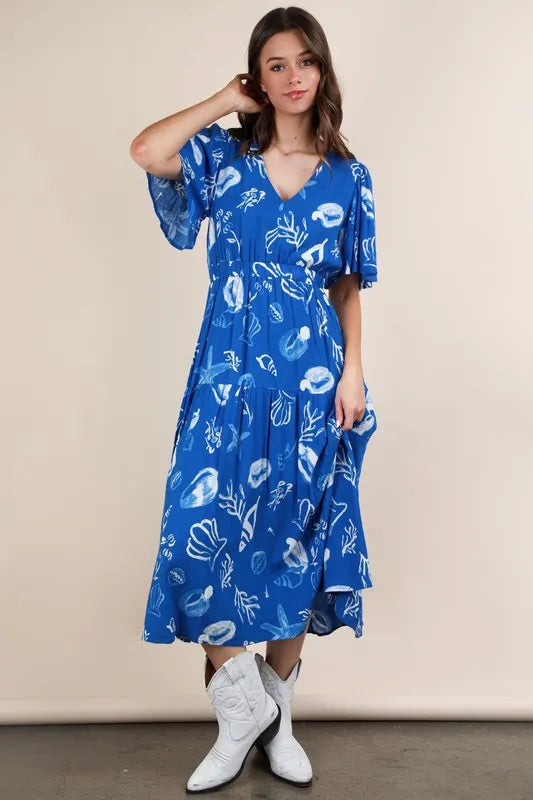 VERY J Printed V-Neck Resort Midi Dress.