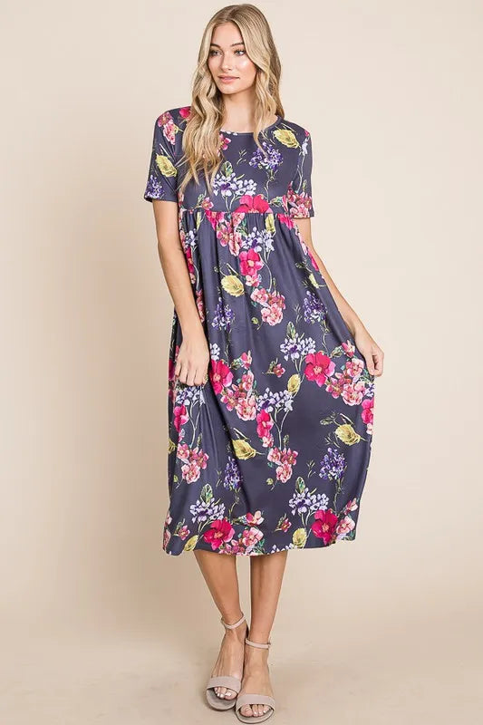 BOMBOM Floral Print Midi Dress.