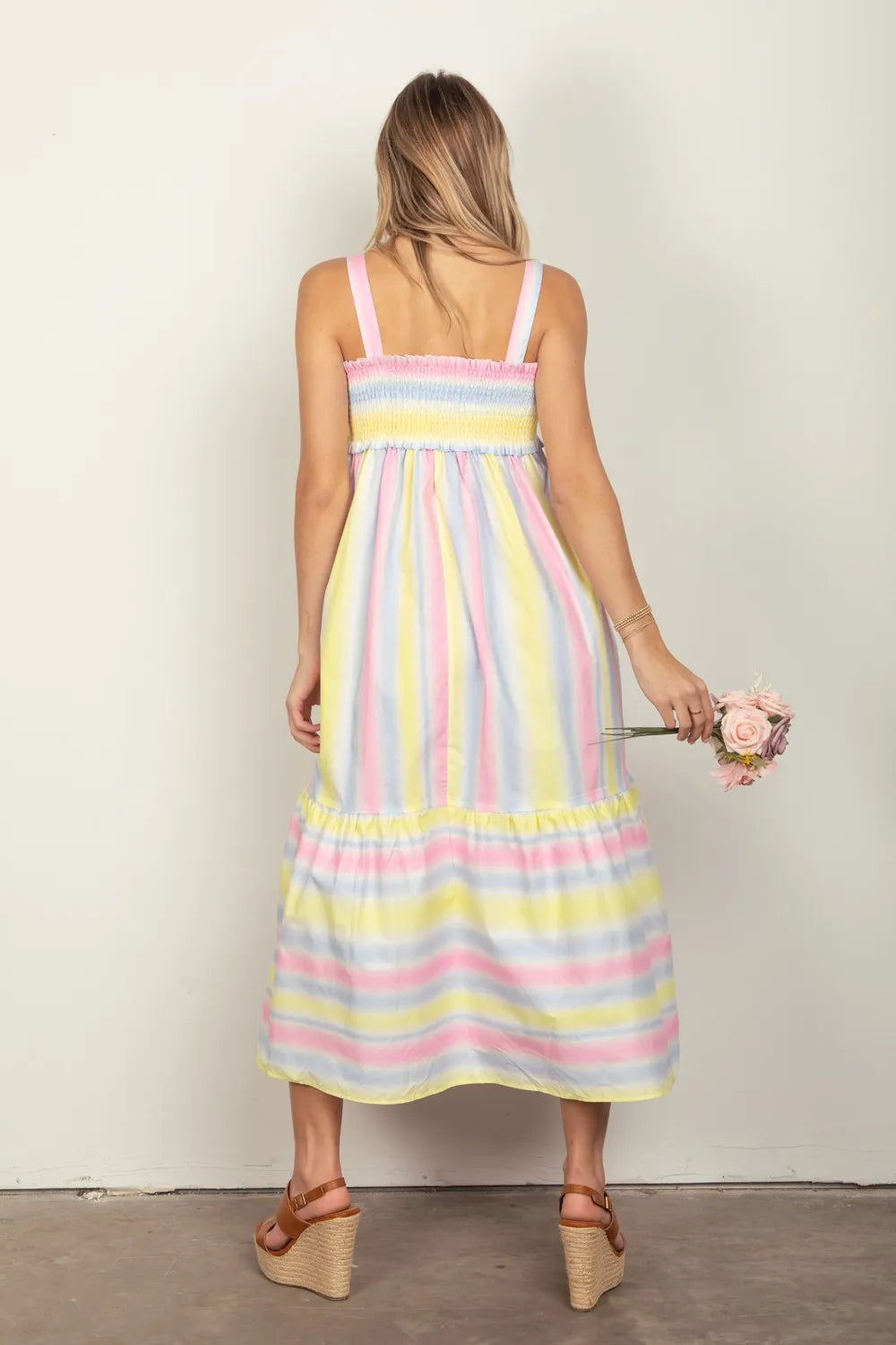 VERY J Striped Woven Smocked Midi Cami Dress.