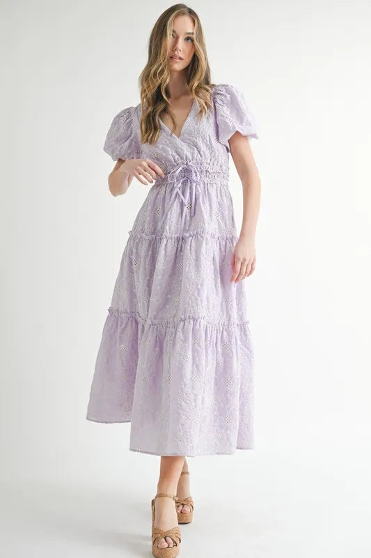 MABLE Eyelet Lace Puff Sleeve V Neck Midi Dress.