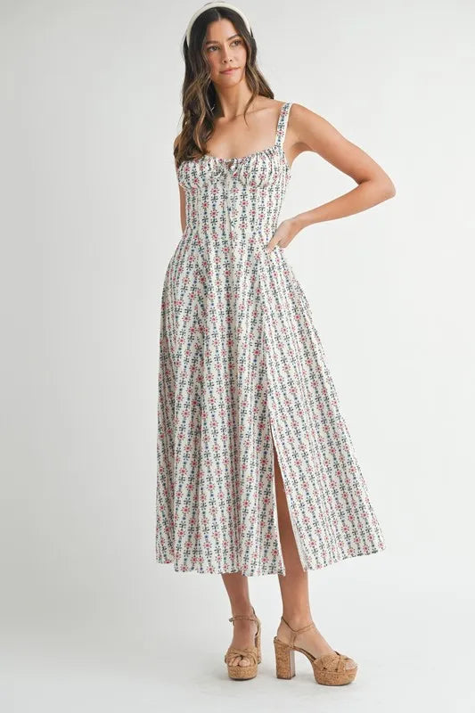 MABLE Floral Print Bustier Back Lace Up Midi Dress.