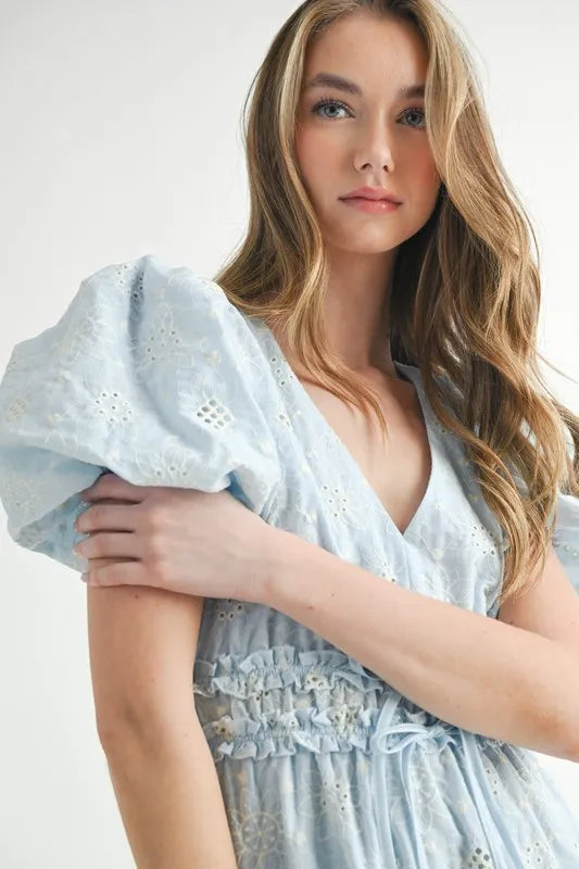MABLE Eyelet Lace Puff Sleeve V Neck Midi Dress.
