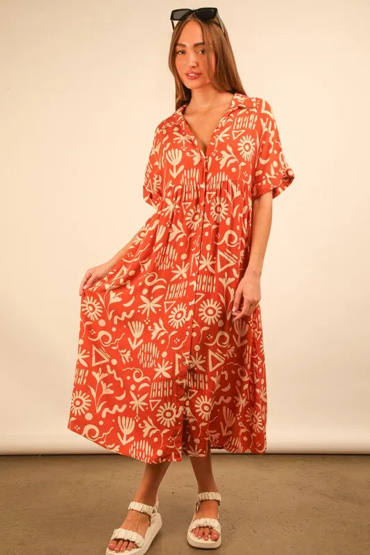 VERY J Full Size Oversized Printed Shirt Midi Dress Plus Size.