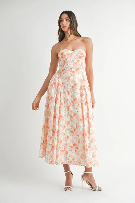 MABLE Sweetheart Neckline Floral Printed Midi Dress.