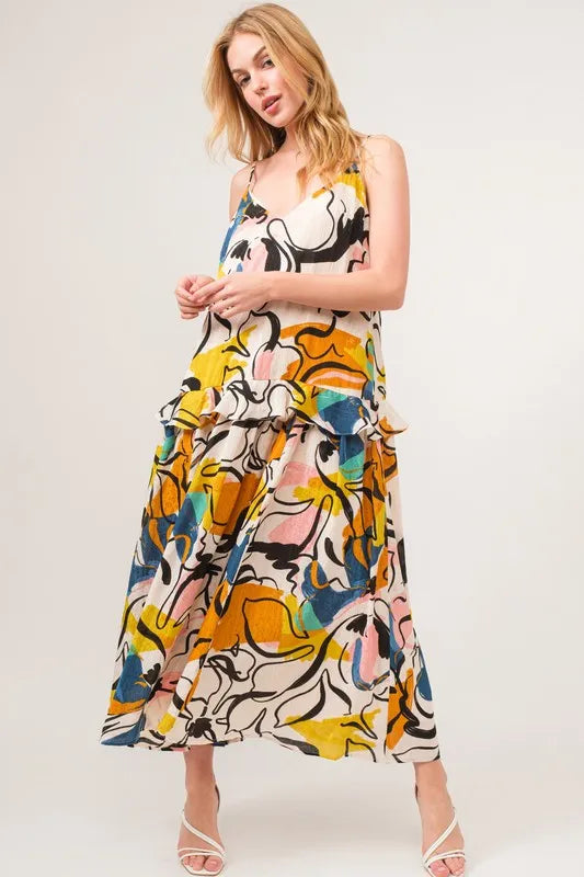 And The Why Ruffled Abstract Floral Printed Midi Cami Dress.