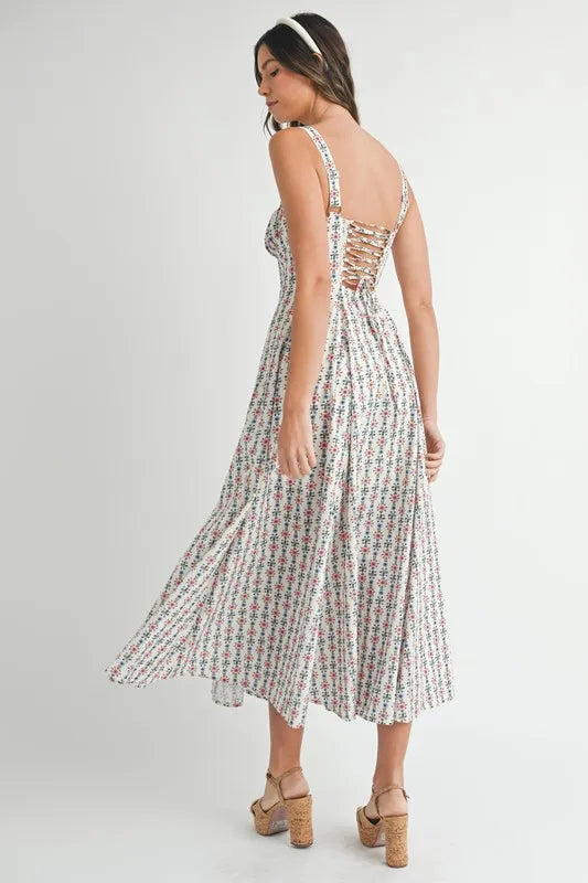MABLE Floral Print Bustier Back Lace Up Midi Dress.