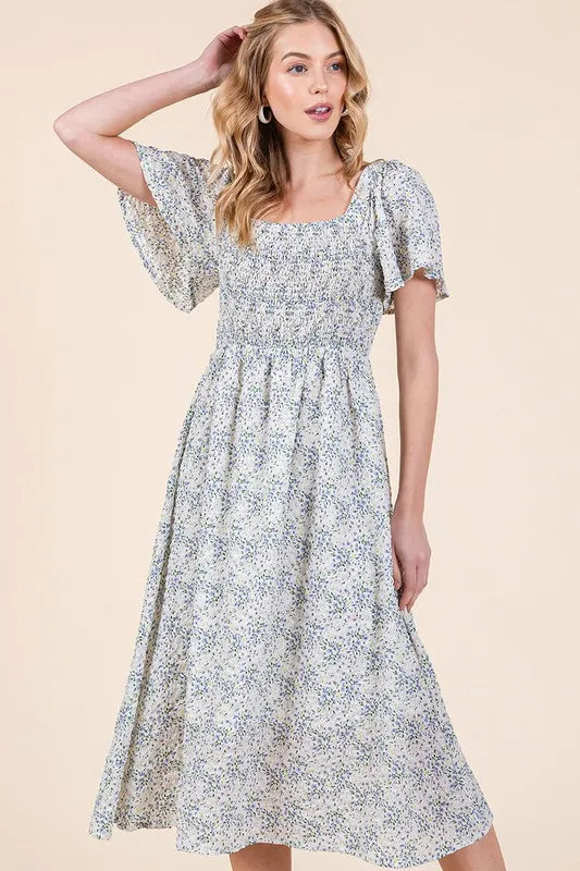 Lime 'N' Chili Smocked Floral Print Flutter Sleeve Midi Dress.