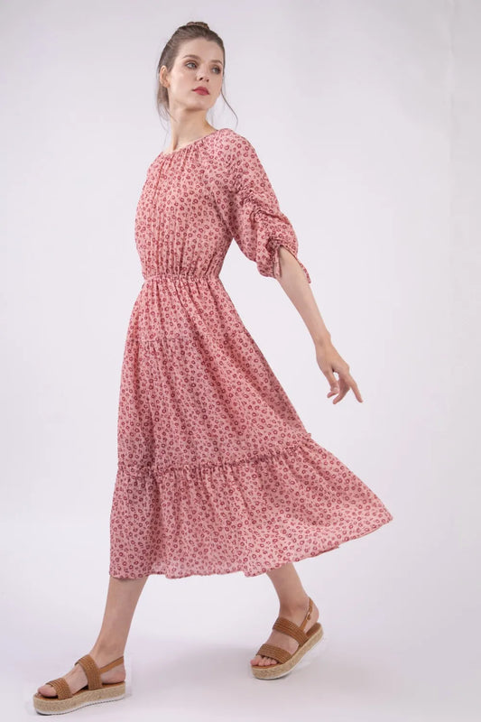 VERY J Floral Round Neck Tiered Midi Dress.