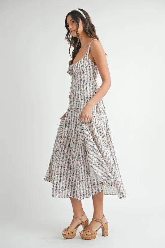 MABLE Floral Print Bustier Back Lace Up Midi Dress.