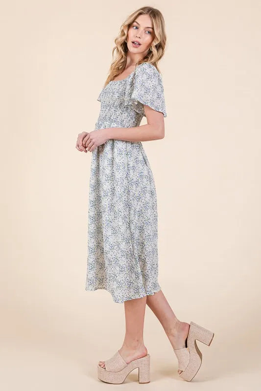 Lime 'N' Chili Smocked Floral Print Flutter Sleeve Midi Dress.