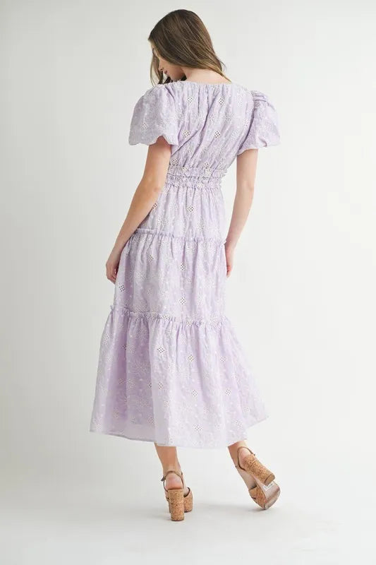 MABLE Eyelet Lace Puff Sleeve V Neck Midi Dress.