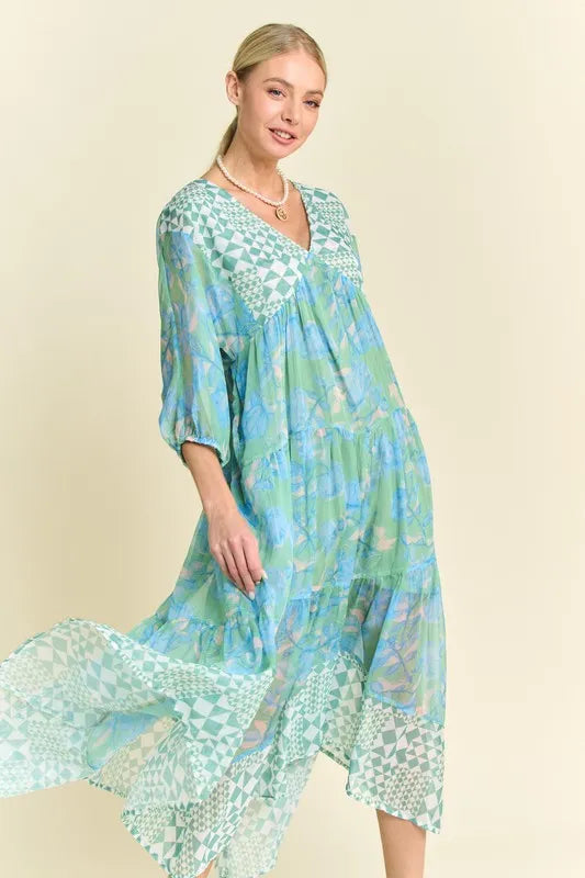 Davi & Dani Geo and Floral Print Mixed Tiered Dress.
