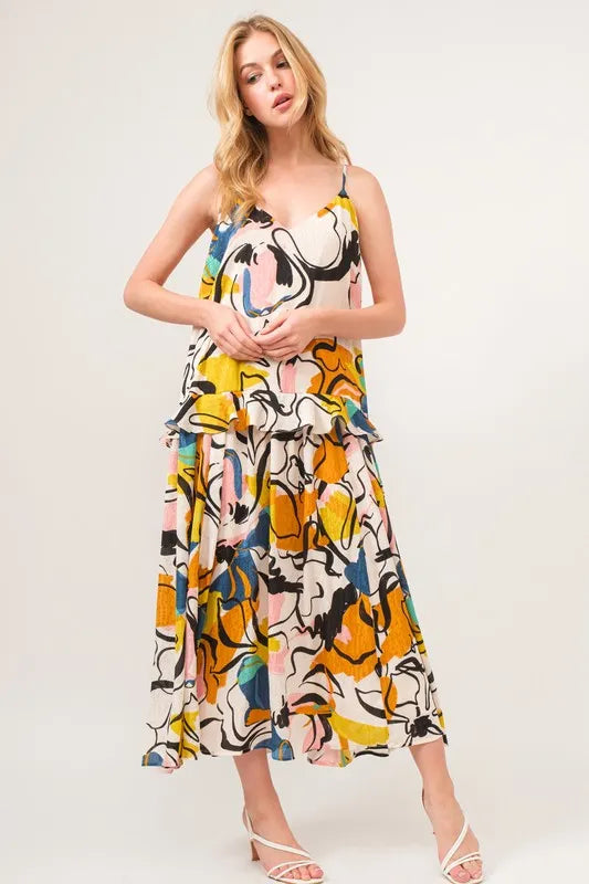 And The Why Ruffled Abstract Floral Printed Midi Cami Dress.
