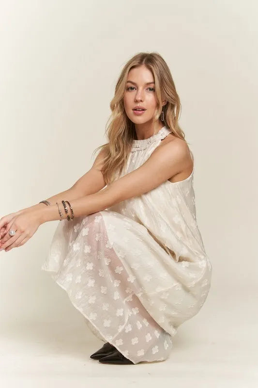 ADORA Applique Pearl Detail Grecian Neck Midi Dress.
