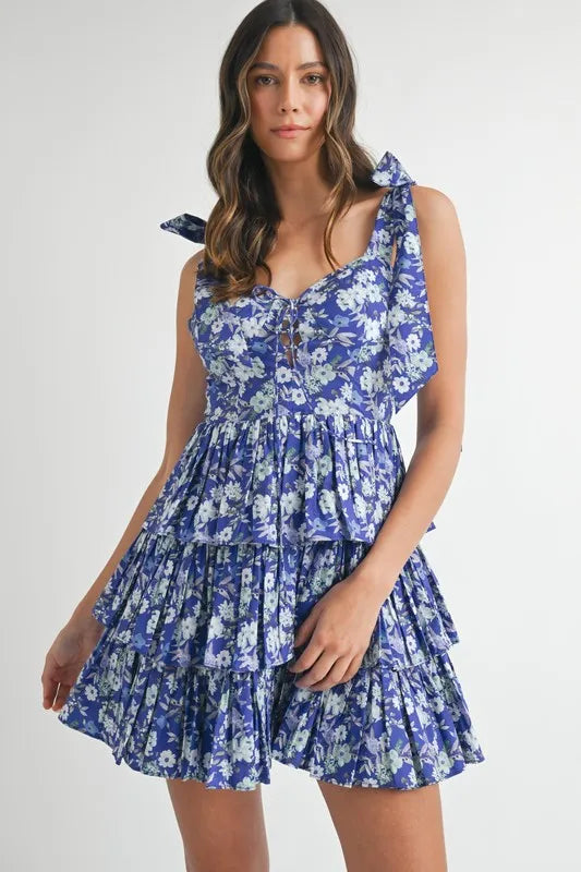 MABLE Floral Print Shoulder Tie Layered Mini Dress.