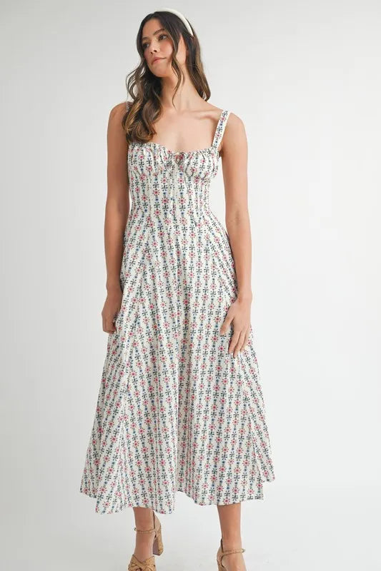 MABLE Floral Print Bustier Back Lace Up Midi Dress.