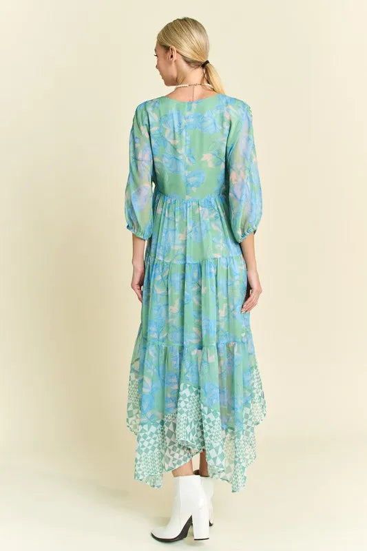 Davi & Dani Geo and Floral Print Mixed Tiered Dress.