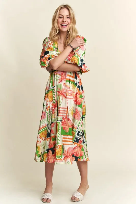 ADORA Floral V-Neck Puff Sleeve Midi Dress.