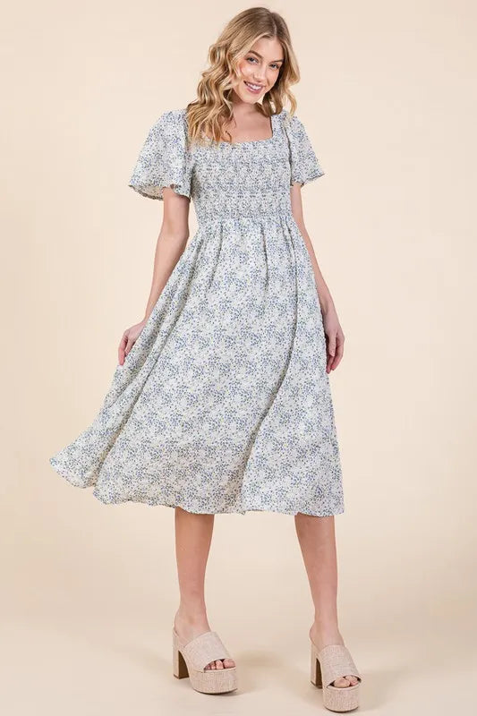 Lime 'N' Chili Smocked Floral Print Flutter Sleeve Midi Dress.