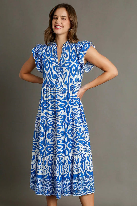 Umgee Full Size Two Tone Border Print Ruffle Cap Sleeve Midi Dress Plus Size.