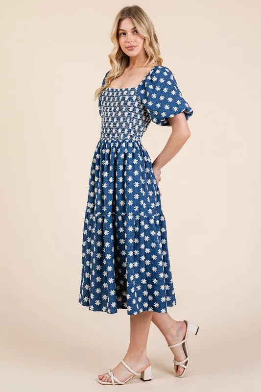 GeeGee Floral Embroidered Smocked Puff Sleeve Tiered Midi Dress.