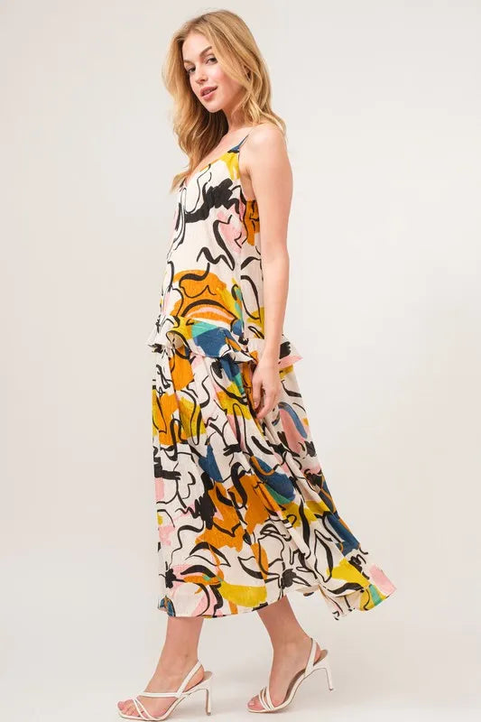 And The Why Ruffled Abstract Floral Printed Midi Cami Dress.