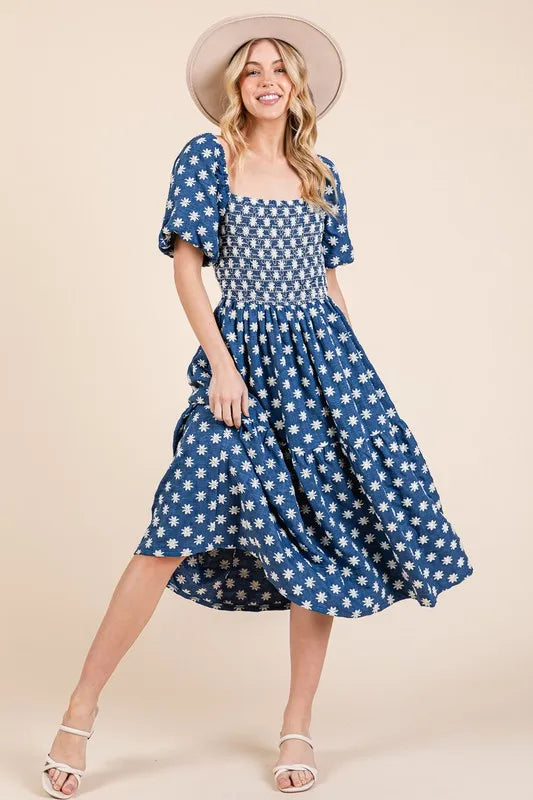 GeeGee Floral Embroidered Smocked Puff Sleeve Tiered Midi Dress.