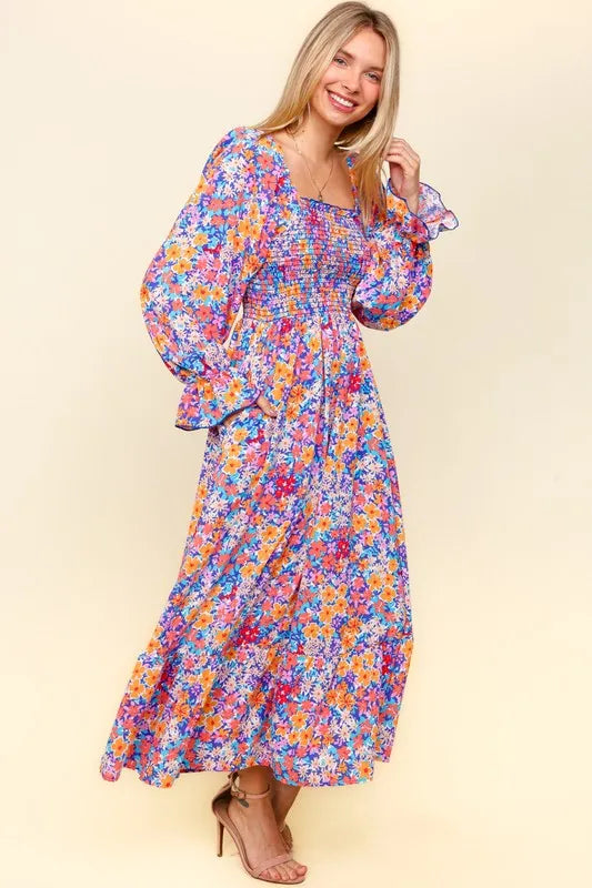 Haptics Smocked Floral Square Neck Flounce Sleeve Dress.