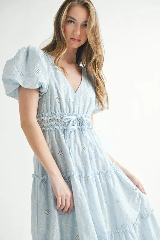 MABLE Eyelet Lace Puff Sleeve V Neck Midi Dress.