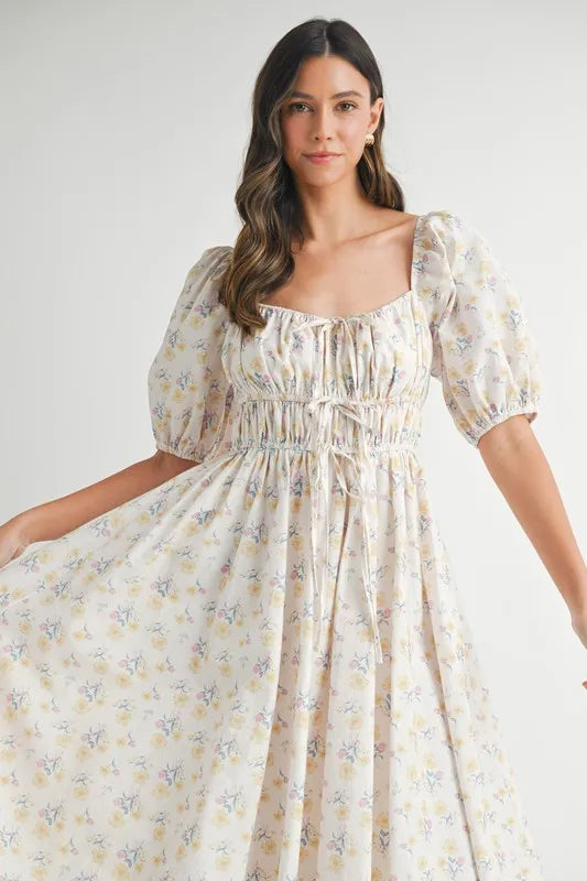 MABLE Floral Drawstring Detail Puff Sleeve Midi Dress.