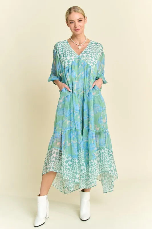 Davi & Dani Geo and Floral Print Mixed Tiered Dress.