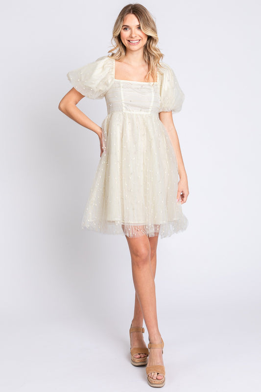 GeeGee Pearl Mesh Puff Sleeve Babydoll Dress