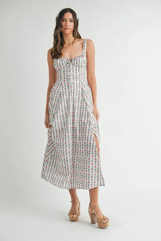 MABLE Floral Print Bustier Back Lace Up Midi Dress.