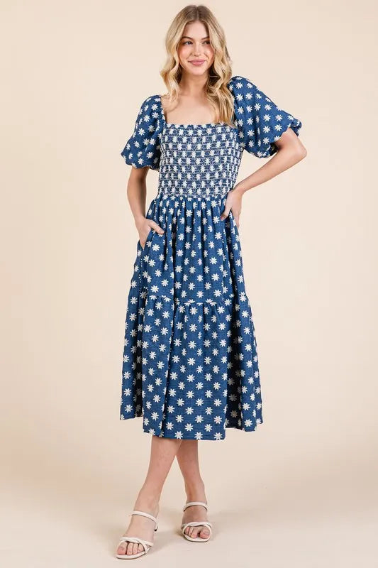 GeeGee Floral Embroidered Smocked Puff Sleeve Tiered Midi Dress.