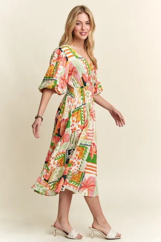 ADORA Floral V-Neck Puff Sleeve Midi Dress.