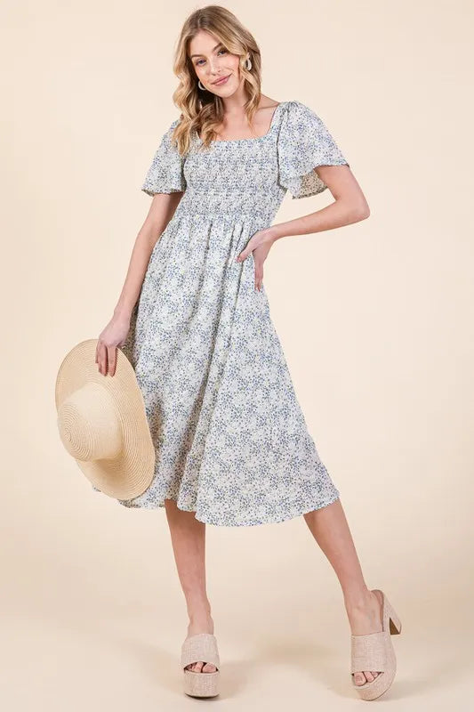 Lime 'N' Chili Smocked Floral Print Flutter Sleeve Midi Dress.