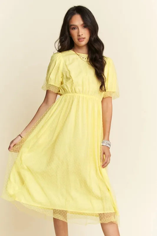 Davi & Dani Mesh Puff Short Sleeve Midi Dress.