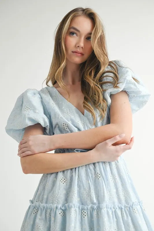 MABLE Eyelet Lace Puff Sleeve V Neck Midi Dress.