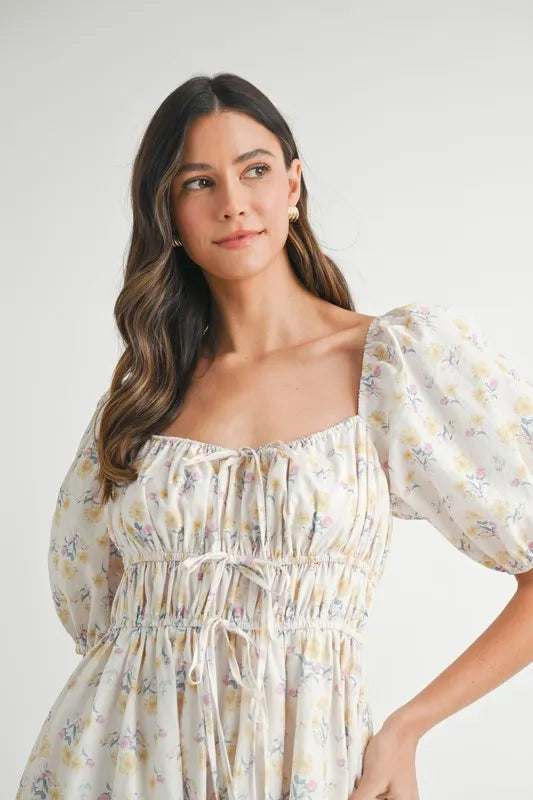 MABLE Floral Drawstring Detail Puff Sleeve Midi Dress.