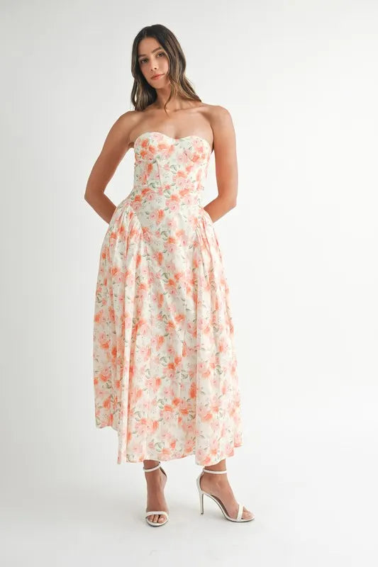 MABLE Sweetheart Neckline Floral Printed Midi Dress.