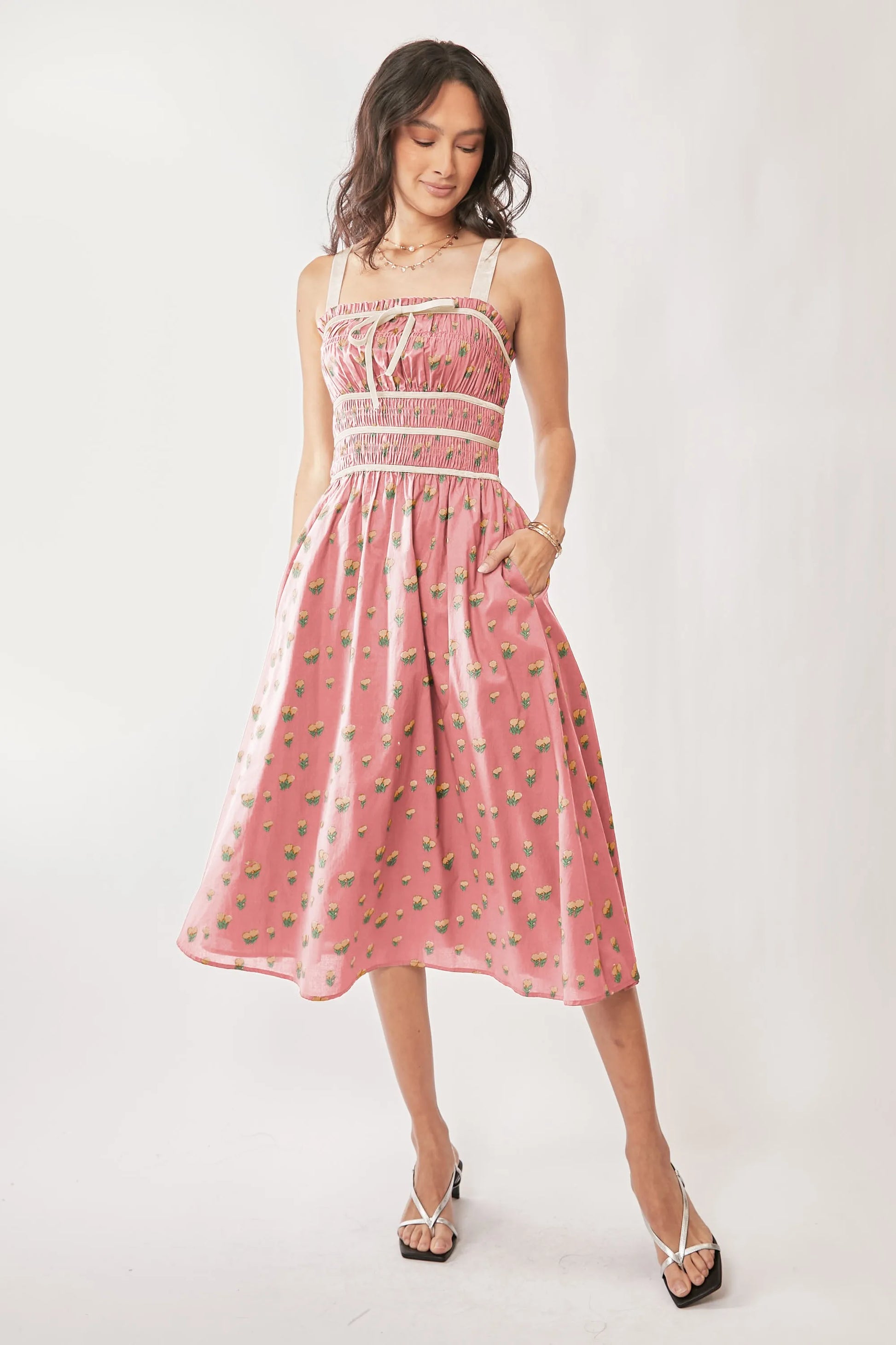 Davi & Dani Contrast Velvet Tape Smocking Bodice Midi Dress.