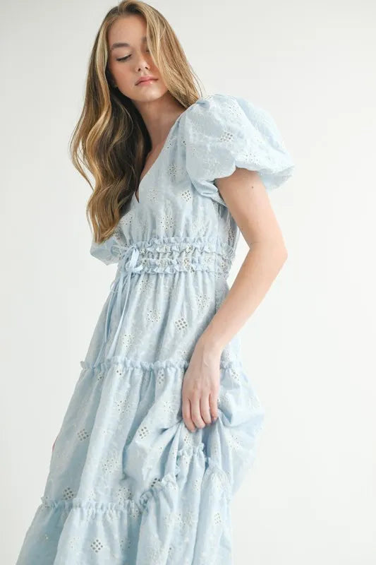 MABLE Eyelet Lace Puff Sleeve V Neck Midi Dress.